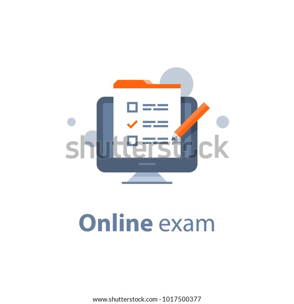 Online exam, checklist and pencil, taking\
test, choosing answer, questionnaire form, education concept,\
vector flat\
illustration