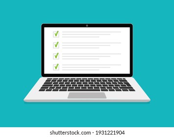 Online Exam, Checklist And Online Testing On Laptop Screen. Online Surveys Form On The Computer Screen. Flat Design. Vector Illustration.