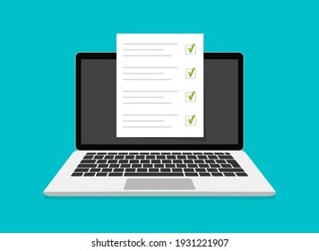 Online Exam, Checklist And Online Testing On Laptop Screen. Online Surveys Form On The Computer Screen. Flat Design. Vector Illustration.