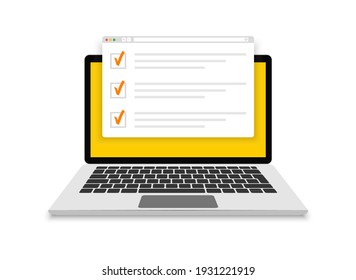 Online Exam, Checklist And Online Testing On Laptop Screen. Online Surveys Form On The Computer Screen. Flat Design. Vector Illustration.