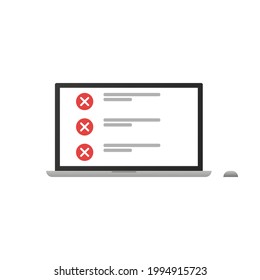 Examen en línea, lista de verificación y pruebas en línea. Icono rechazado en la pantalla del bloc de notas. Ilustración del vector
