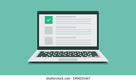 online exam choice or survey concept on laptop computer, checklist document on browser window, flat vector illustration