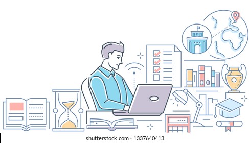 Online exam - colorful line design style illustration on white background. A composition with a student, man passing a test on laptop at home. Images of globe, check list, hourglass, books, supplies