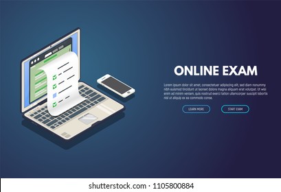 Online exam computer web app. Isometric laptop with paper document printing from screen and phone. Online test or opinion checklist. Computer tests and examination paper.