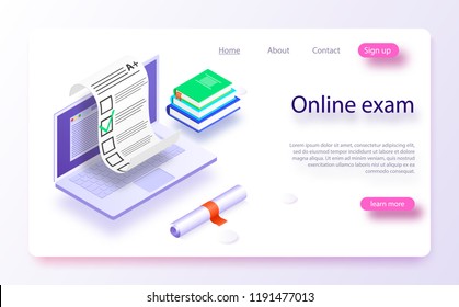 Online exam computer web app. Isometric laptop with paper document printing from screen. Isometric vector concept online exam, questionnaire form, online education survey. Online exam test with laptop