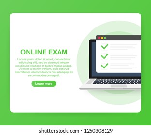 Online exam computer web app. Isometric laptop with paper document printing from screen and phone. Online test or opinion checklist. Vector stock illustration.