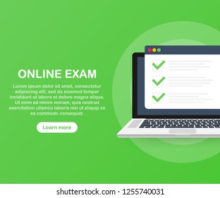 Online exam computer web app. Isometric laptop with paper document printing from screen and phone. Online test or opinion checklist. Vector stock illustration.