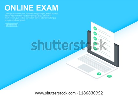 Online exam concept banner. Can use for web banner education, infographics. Isometric Vector illustraion. On abstract background.