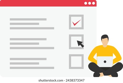 Online exam concept, checklist, and pencil, exam, choose answer, questionnaire form, education concept, male character completing a questionnaire task, vector flat illustration
