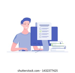 Online exam concept. Happy young man solves the test correctly. Trendy flat style. Vector illustration.