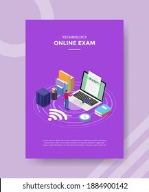 Online Exam Concept Men Standing Front Big Laptop Checklist On Display Screen For Template Of Banner And Flyer For Printing Magazine Cover And Poster With Isometric Style