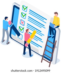 Online exam concept. Students standing near big tablet with checklist and pencil. Questionnaire form flat vector illustration. Guy working on laptop. Men is filling out form and giving answers