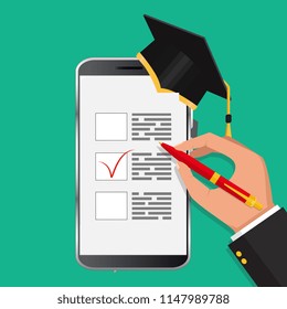 Online exam concept, taking test. Education. Vector flat illustration