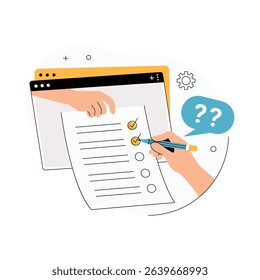 Online Exam concept vector illustration. Cutout hand hand filling out a question exam online