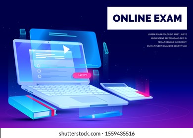 Online exam, distant education landing page, laptop with task checklist and video application for webinars and school stationery neon glowing futuristic background. Cartoon vector illustration, banner