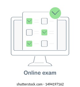 Online exam, eduaction, survey, checklist or voting on computer display. Feedback business concept. Flat line vector illustration.