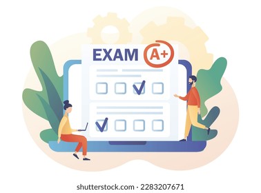 Online exam. Education, studying, Digital elearnning, degree, graduate concept. Tiny students with test exam result on laptop. Modern flat cartoon style. Vector illustration on white background