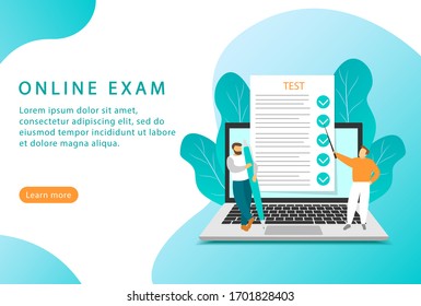 Online exam. Online education and testing. Flat style. Landing page for web sites. 