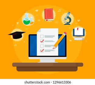 Online exam. Online form survey on screen monitor with set elements knowledge icons. E-learning, online education, e-book. Vector illustration. Flat design. EPS 10.