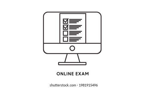 Icono de examen en línea. Ilustración aislada vectorial de una pantalla de computadora y un examen o prueba