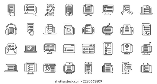Online exam icons set outline vector. Study class. Exam test