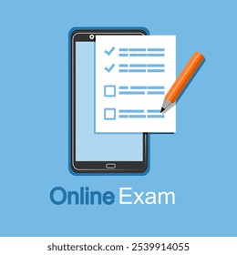 Online exam. Illustration of answer choices, questionnaire form, exam preparation, online test, checklist on cellphone screen.