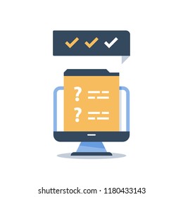 Online exam, internet questionnaire, web survey, fast quiz, quick test, question mark, tick mark, complete assignment, training course, education resources, knowledge evaluation, computer monitor icon