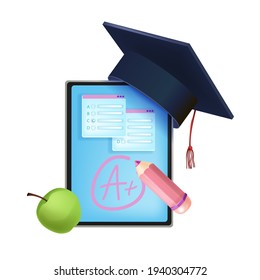 Online exam, internet test education e-learning vector concept, tablet screen, graduation cap, apple. Web questionnaire, digital poll, quiz, checklist, box, pencil. Successful online exam, high grade