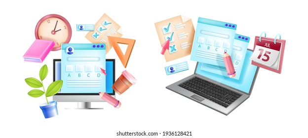 Online Exam, Internet Testing E-learning Concept, Laptop Screen, Computer Monitor, Clock, Calendar. Questionnaire, Web Quiz Form, Checklist 3D Illustration. Online Exam, Digital Application Concept