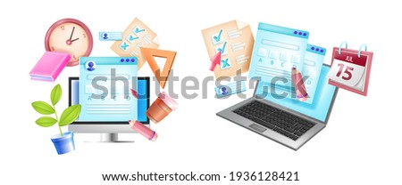 Online exam, internet testing e-learning concept, laptop screen, computer monitor, clock, calendar. Questionnaire, web quiz form, checklist 3D illustration. Online exam, digital application concept