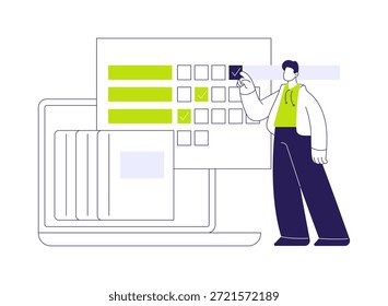 Exame on-line ilustrações isoladas do vetor de desenhos animados. O cara focado preenchendo um formulário de exame on-line e fazendo anotações, processo educacional durante a pandemia, desenho animado de vetor estilo de vida estudantil.