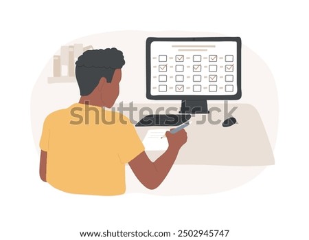 Online exam isolated cartoon vector illustrations. Focused guy filling in an online exam form and making notes, educational process during pandemic, student lifestyle vector cartoon.