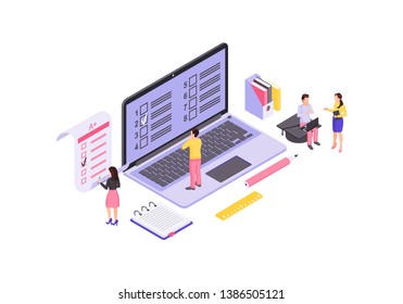 Online exam isometric color vector illustration. Student examination, homework infographic. Computer display with language test forms. E learning class 3d isolated concept. Education platform