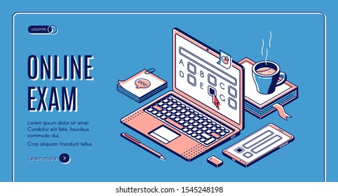 Online exam isometric web banner. Laptop with test questions on screen. Computer app for student examination with questionnaire form, distant education task. 3d vector landing page in line art style