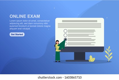 Online Exam landing page template. Flat design concept of web page design for website.