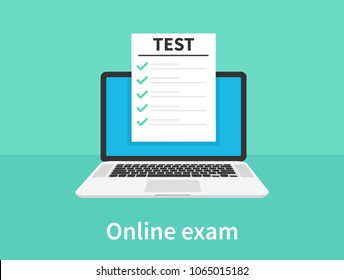 Online exam, laptop with checklist, taking test, choosing answer, questionnaire form, education concept. Flat cartoon design, vector illustration on background