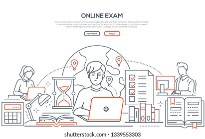 Online exam - line design style web banner on white background with copy space for text. A header with students passing a test on laptops, computers. Images of globe, check list, hourglass, books