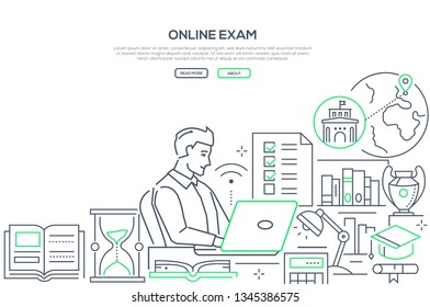 Online exam - line design style web banner on white background with copy space for text. A header with a student, man passing a test on laptop. Images of globe, check list, hourglass, books, supplies