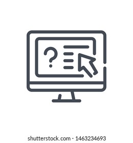 Online exam line icon. Computer with questionnaire vector outline sign.