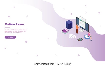 Online exam man stand in front big screen computer campaign for web website home homepage landing template banner with isometric cartoon style.