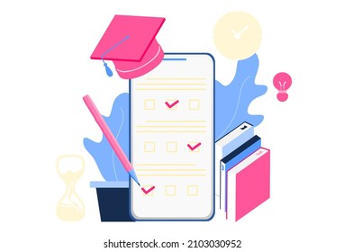 Online exam in mobile smartphone app. Online test, opinion checklist, online education, questionnaire form, survey metaphor, answering internet quiz, homework assignment. Computer test and examination