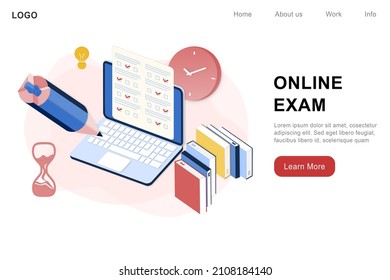 Online exam in mobile smartphone app. Online test, opinion checklist, online education, questionnaire form, survey metaphor, answering internet quiz, homework assignment. Computer test and examination