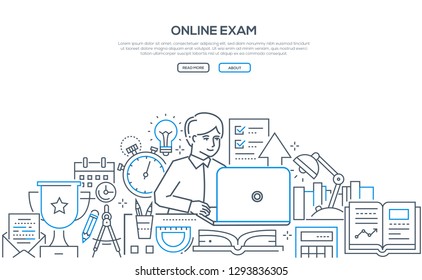 Online exam - modern line design style web banner on white background with copy space for text. Composition with a student passing a test on laptop. Images of timer, certificate, calendar, supplies