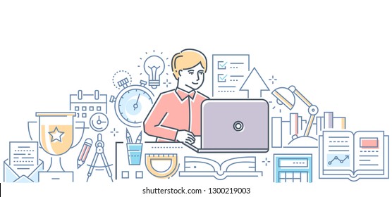 Online exam - modern line design style illustration on white background. Colorful composition with a student passing a test on laptop. Images of timer, certificate, calendar, school supplies, prize