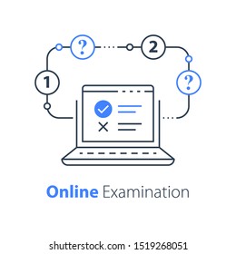 Online exam, pass test, checklist on monitor, check knowledge, complete internet course, web vote, questionnaire or quiz, finish study, fill form and submit, vector line icon