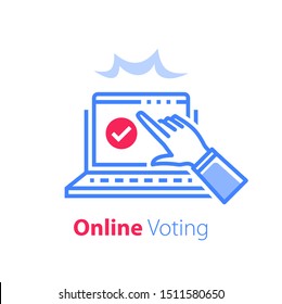 Online Exam, Pass Test, Tick Box On Monitor, Check Knowledge, Complete Internet Course, Web Vote, Opinion Poll, Finish Study, Hand Pointing, Finger Pushing Button, Vector Line Icon