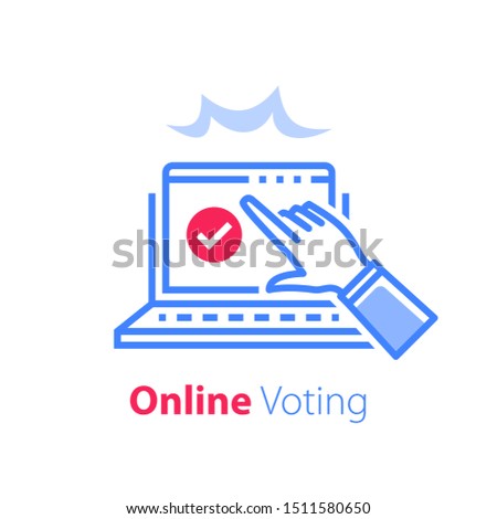 Online exam, pass test, tick box on monitor, check knowledge, complete internet course, web vote, opinion poll, finish study, hand pointing, finger pushing button, vector line icon