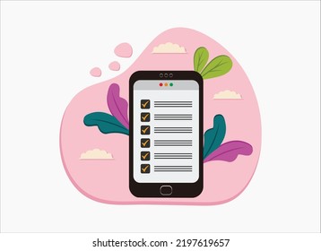 Online exam, phone with checklist profile, taking test, to do list, questionnaire form, education concept. Flat cartoon design, vector illustration on background