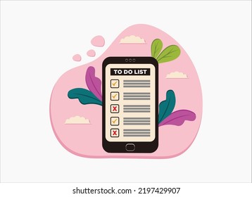 Online exam, phone with checklist, taking test, to do list, questionnaire form, education concept. Flat cartoon design, vector illustration on background