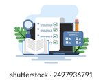 Online exam platform concept with big computer and testing site. Online Education. education concept. choose answers for exam tests and achieve good results. flat vector illustration on background.